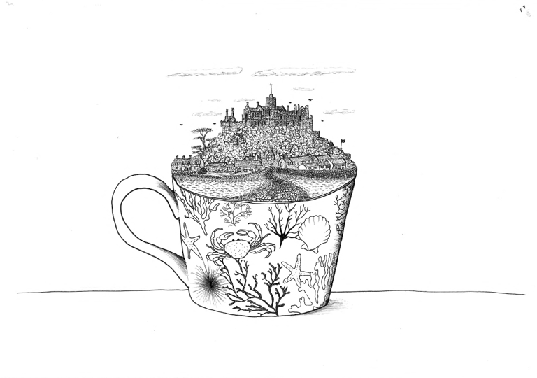 St Michaels Mount in an underwater themed teacup