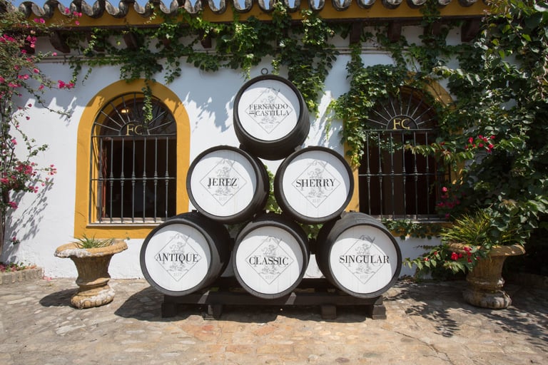Image showcasing a collection of sherry casks neatly arranged outside the Fernando de Castilla wine bodega in Jerez.