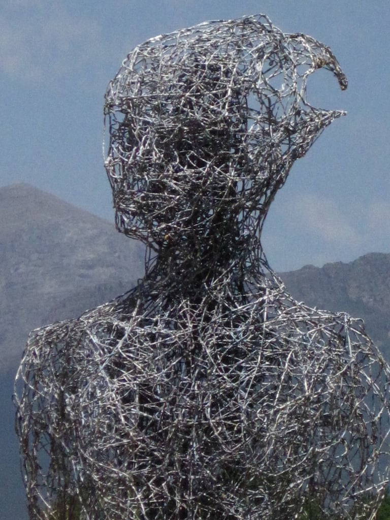 Head of the sculpture against the backdrop of the western cape mountains in South Africa
