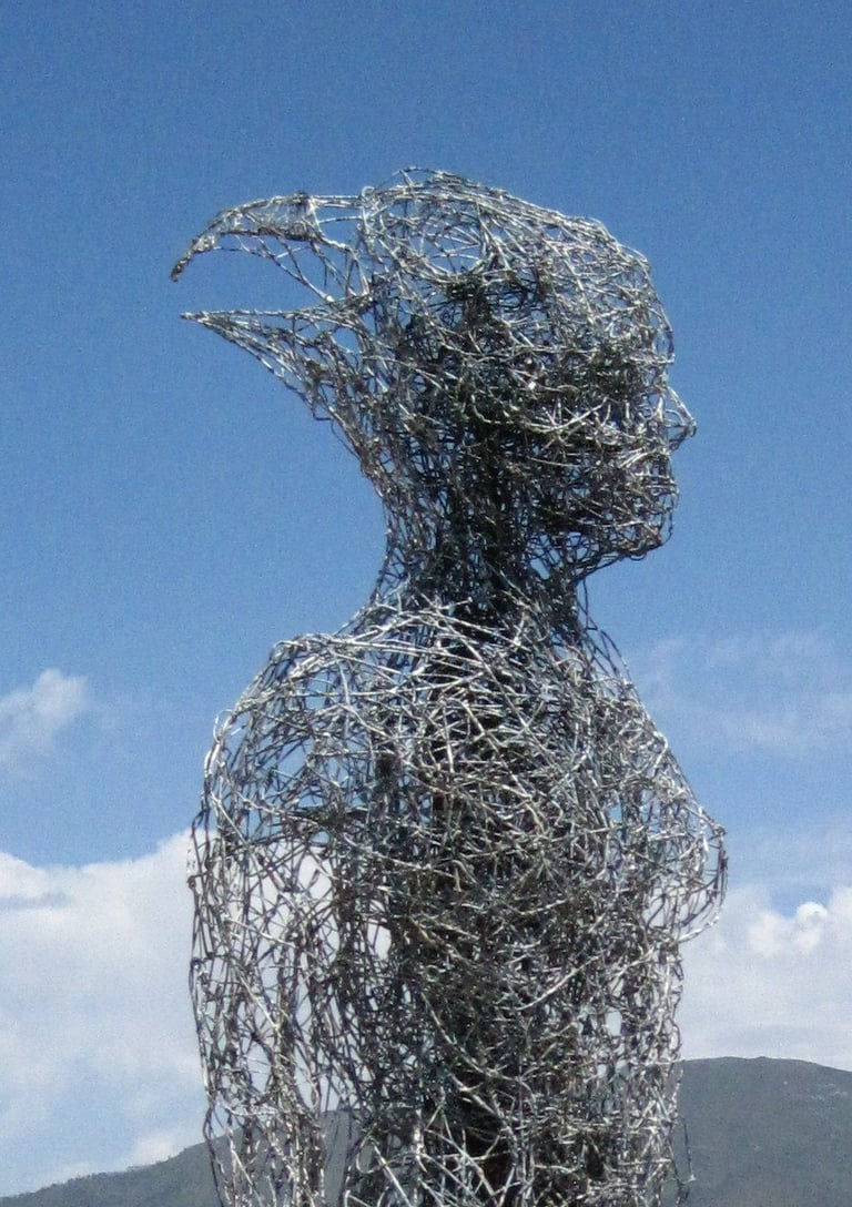 Close up pf head and shoulders of large metal scupture showing its illusion of many faces