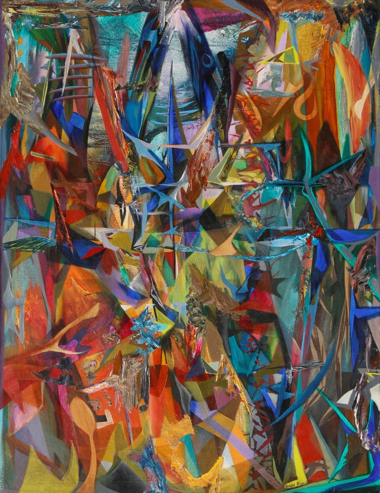 Abstract illusion oil painting of african masklike structures
