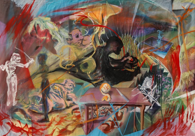 Very large oil painting about Aparthied South Africa from memories of the artists childhood