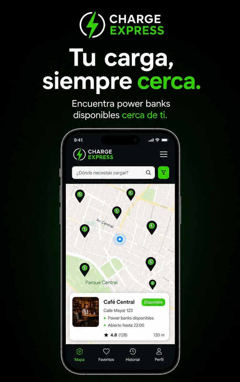 Aplicación móvil de alquiler de baterías portátiles con mapa de estaciones de carga para restaurante