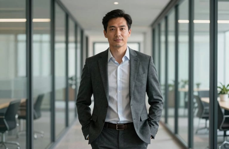 A professional person in smart-casual business attire standing confidently in a modern glass-walled office corridor in the US.