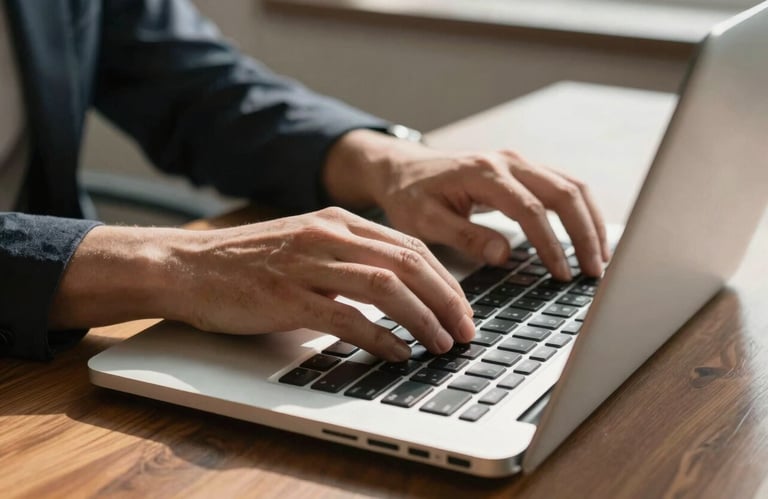 Close-up of hands typing on a sleek, metallic laptop keyboard on a polished wooden desk in a sunlit North American office.