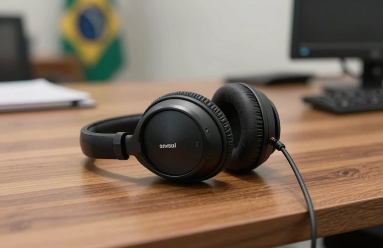 Close-up of a high-end black noise-canceling headset resting on a polished wooden desk, South American / Brazilian office background blurred, professional lighting.