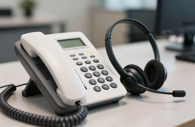 Detailed close-up of a modern white VOIP desk phone and a high-end headset on a clean office desk, natural lighting, South American / Brazilian corporate setting.