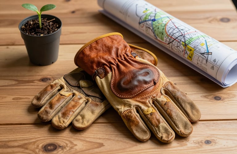 A pair of high-quality leather work gloves resting on a wooden table next to a rolled-up architectural land map and a small organic sprout in a pot.
