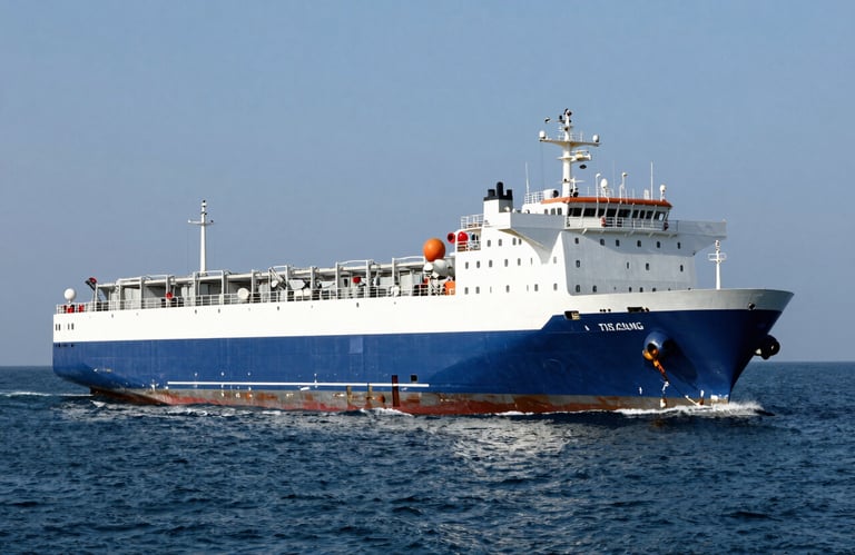 A high-quality photograph of a large white and blue cargo ship sailing through calm deep blue waters under a clear sky.