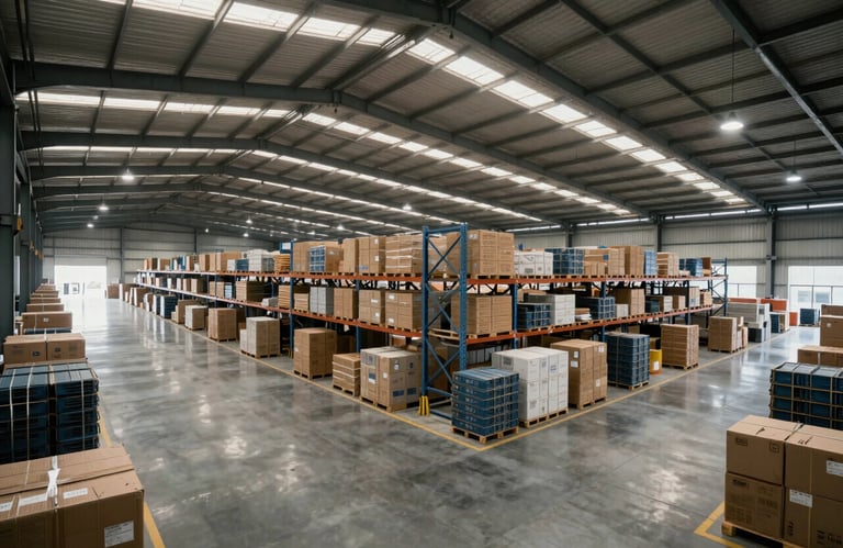 Photography of an expansive, well-lit logistics warehouse in a South Asian industrial park, reflecting efficiency and large-scale operations.