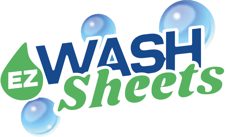EZ Wash Sheets logo featuring blue and green text with soap bubbles and a water droplet.