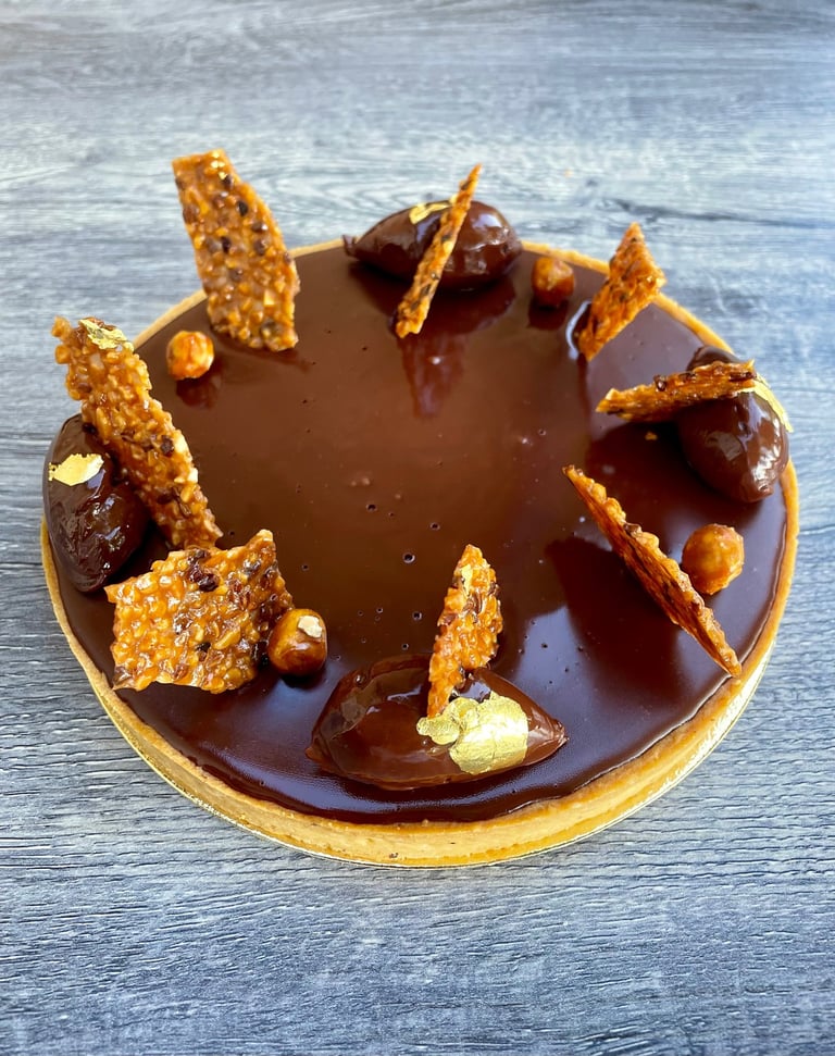 Tarte au chocolat et feuilles d'or - 71120 Charolles - Jcc chef Pâtissier Patisserie gourmandise Jean-Christian chevalier 