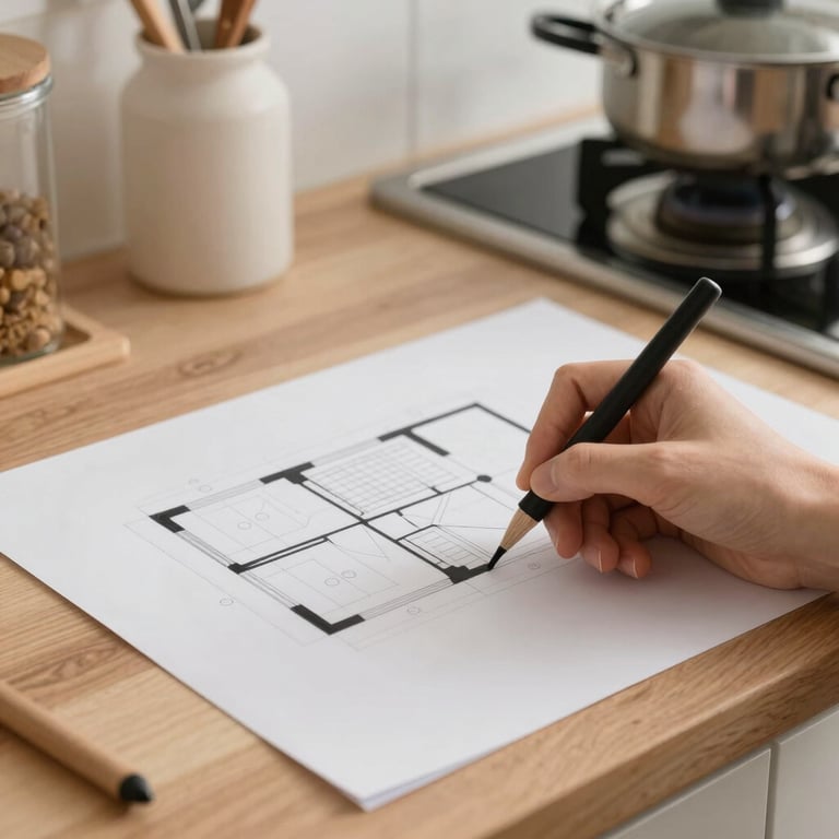 Main en train de dessiner le plan d'aménagement intérieur dans une cuisine