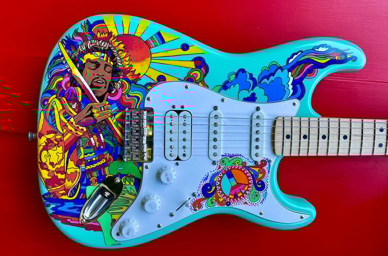 Jimmy Hendrix hand-painted guitar. Graffiti-Garage