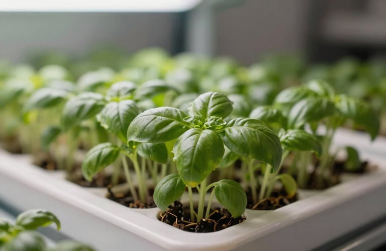 Close-up of vibrant green basil microgreens growing in a clean, modern vertical farm tray, soft natural sunlight, North American interior setting.