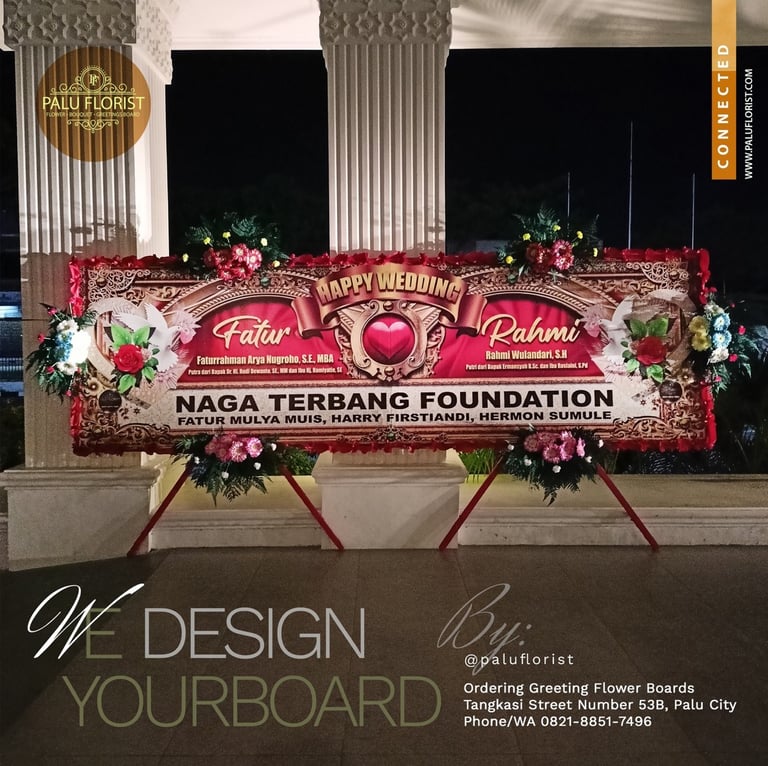 Elegant wedding flower board by Palu Florist featuring pink roses and a Happy Wedding greeting.