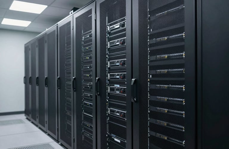 A modern server room with clean, sophisticated lighting, representing secure data storage for healthcare technology in North American / US.