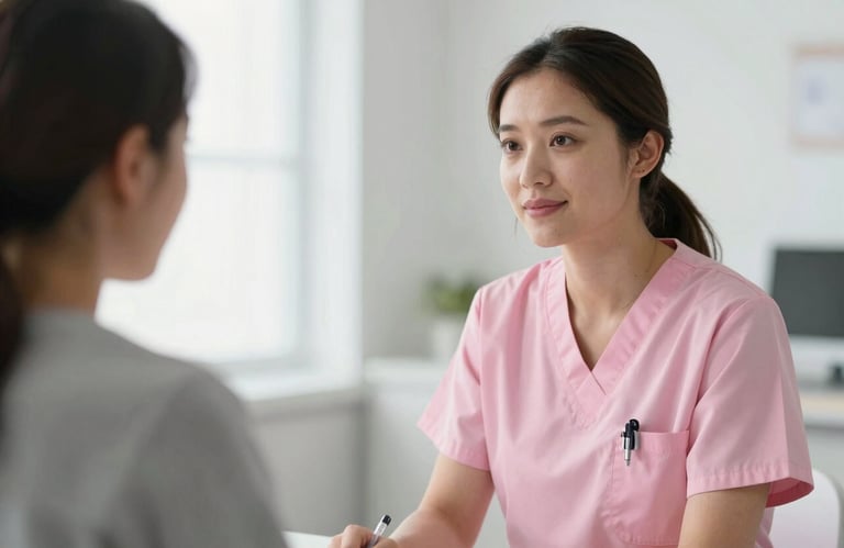 A compassionate healthcare professional in North American / US scrubs interacting with a patient, soft focus, bright and empathetic atmosphere with pale pink tones.