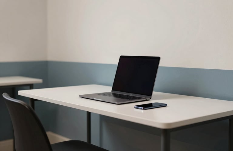A wide-angle professional photograph of a minimalist tech studio workspace in North America. Features a clean desk with a laptop and a smartphone, surrounded by off-white walls and muted blue accents.