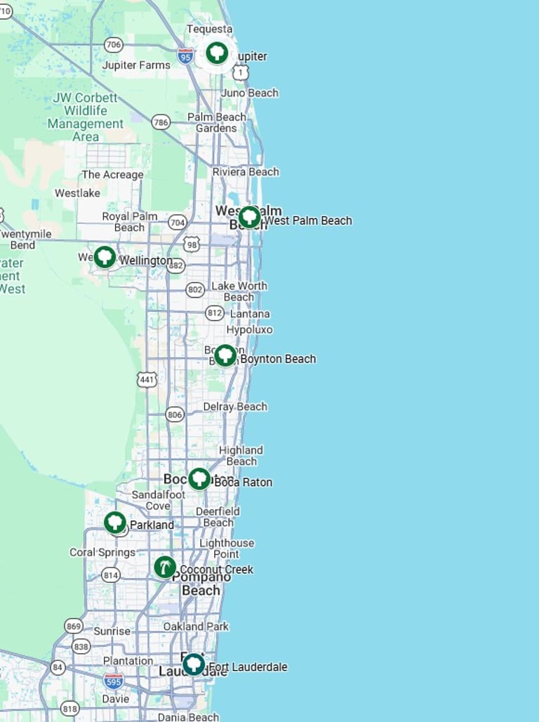 Map of South Florida coastal cities with green location markers from Jupiter to Fort Lauderdale.