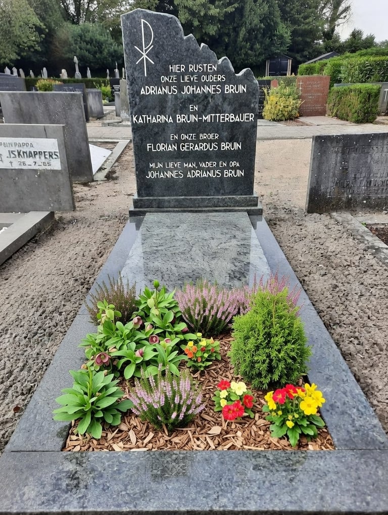 een grafmonument verzorgt door Grafzorg Memoriam met groene beplanting