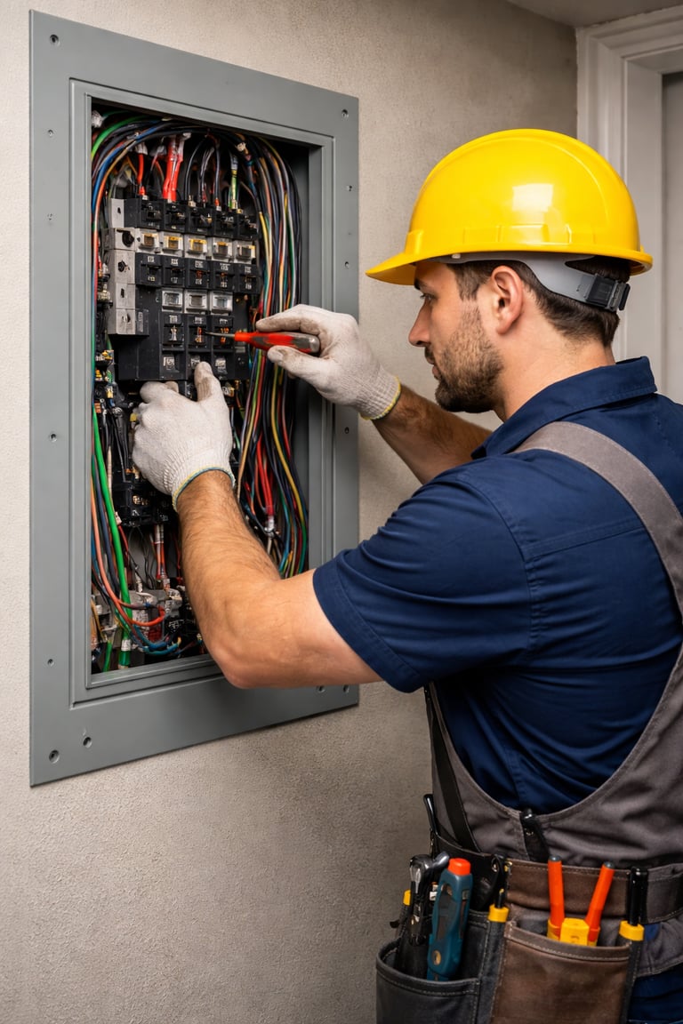 Certified electrician performing safe installation on an electrical panel, equipped with protective gear