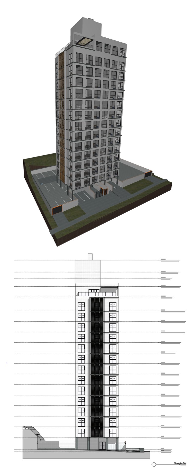 Modern 3D architectural rendering and technical elevation of a multi-story residential apartment building.