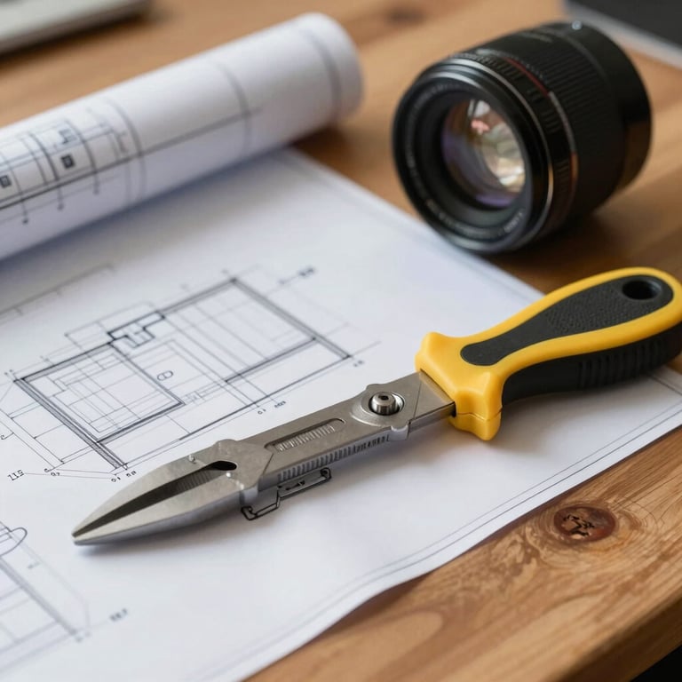 Close-up of a high-quality blueprint and a professional level tool resting on a wooden surface. Natural, warm lighting highlights the precision of the work in a Latin American office.