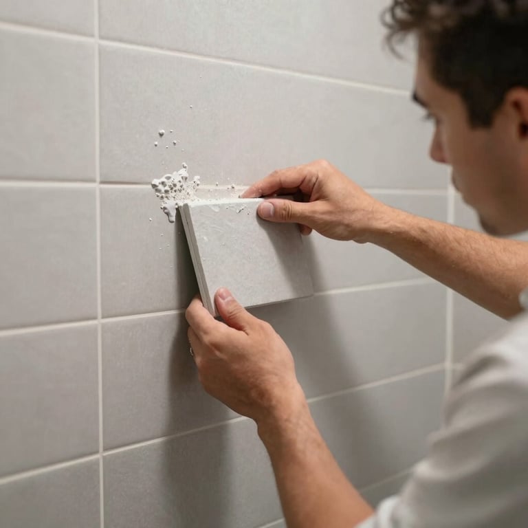 Close-up of a professional installer precisely placing modern light gray ceramic tiles on a bathroom wall, North American / US - Los Angeles, California, focused action shot.