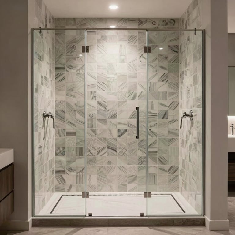 A modern walk-in shower with high-end glass partitions and custom tile installation, professional architectural photography, North American / US - Los Angeles, California.
