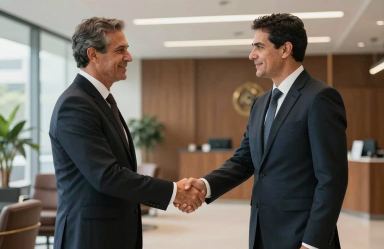 Two legal professionals in formal attire shaking hands in a high-end Brazilian corporate lobby, representing trust and successful partnership, soft professional lighting.