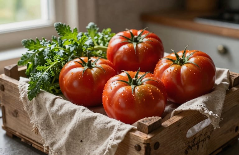 A rustic crate of fresh heirloom tomatoes and forest green herbs sitting on a parchment-colored linen cloth in a sunlit North American farm kitchen.