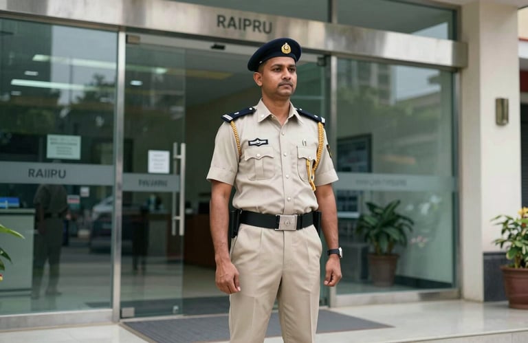 A professional security guard in a crisp uniform standing alert near a modern glass entrance in Raipur, South Asian / Indian context, clean and secure mood.