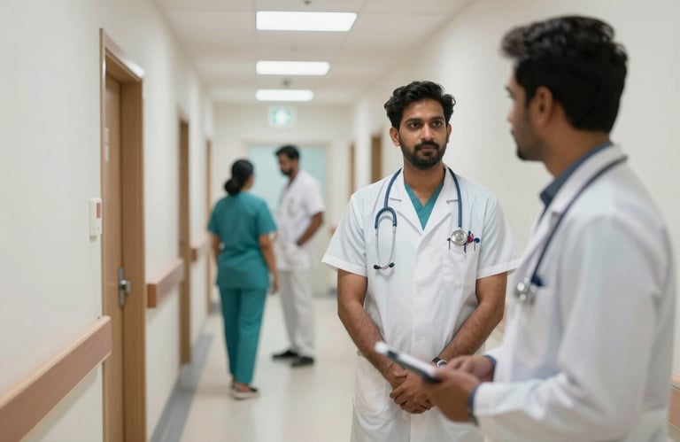 A clean, modern South Asian / Indian hospital corridor with professional medical staff in the distance, representing healthcare affiliations.