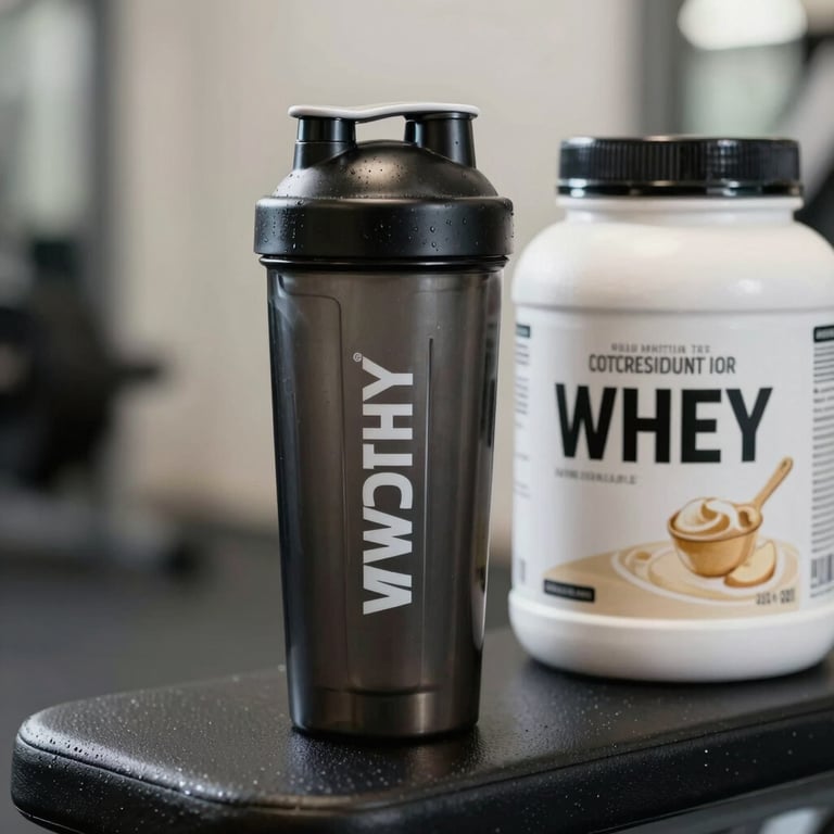 A sleek black stainless steel protein shaker bottle standing next to a container of whey protein on a gym bench, clean atmosphere.