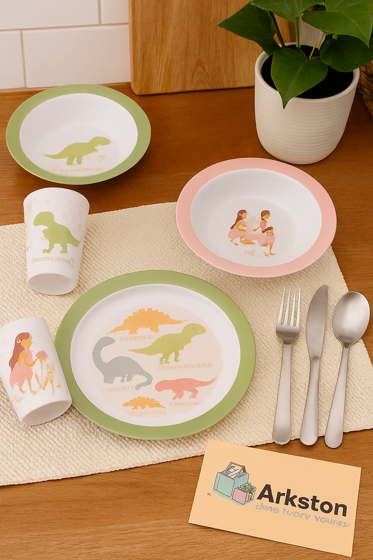 Eco-friendly dinosaur and fairy dinnerware set for kids including plates, bowls, cups