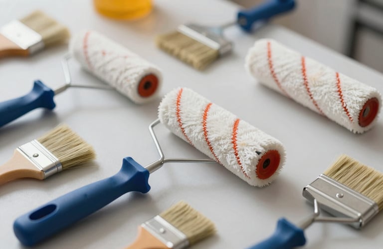 A focused shot of professional painting rollers and brushes neatly organized on a clean workspace, illustrating precision and care in preparation.