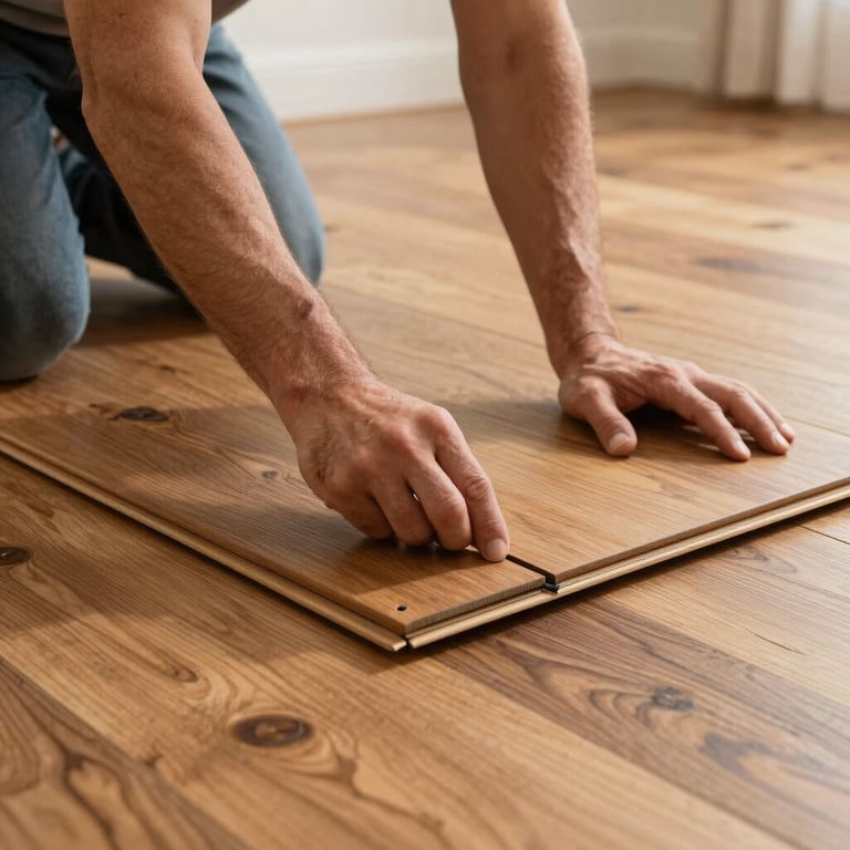 Close up photography of a craftsman installing rich oak hardwood flooring in a North American living room, showing precise alignment and care.