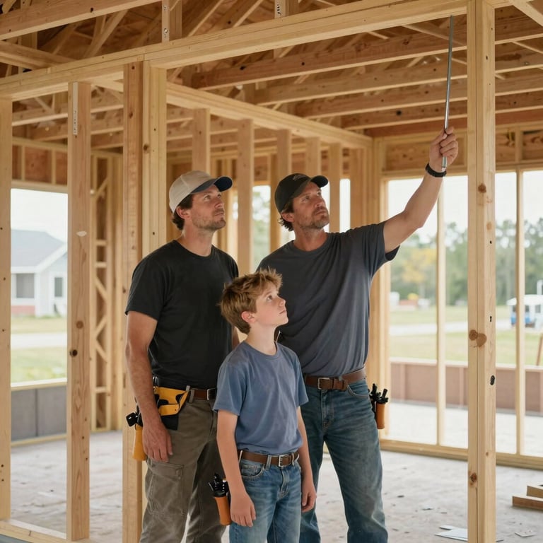 A father and son contractor team in a North American house addition project, standing together and looking over the newly framed walls.
