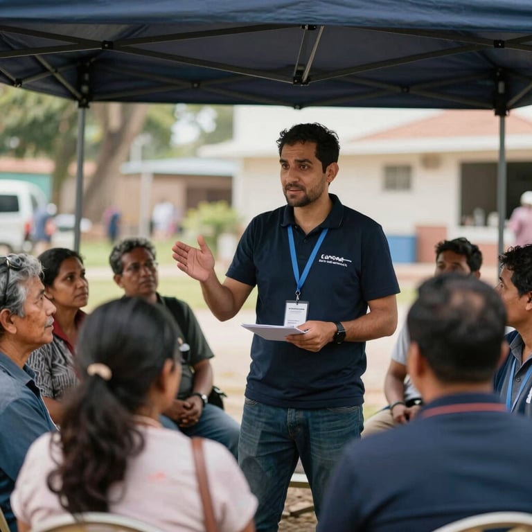 A foundation volunteer explaining financial services to a group of attentive local residents under a shaded canopy.