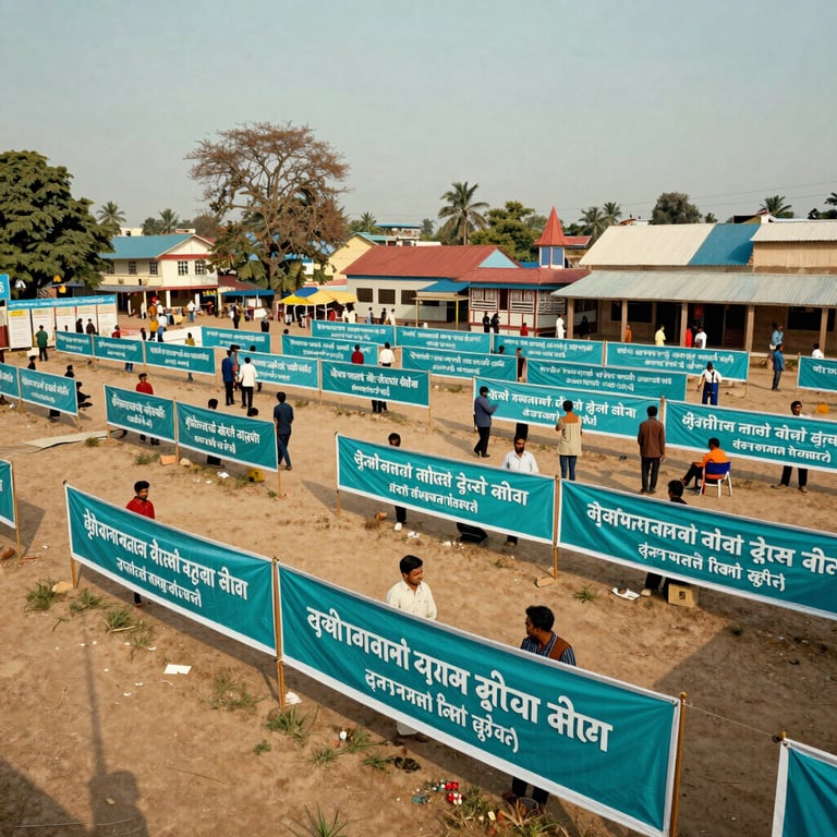 A wide shot of a busy government scheme registration camp in a rural South Asian town square, featuring teal banners.