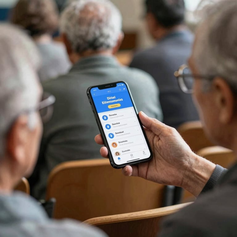 A digital literacy session where a professional is teaching elderly people how to use a mobile government app.