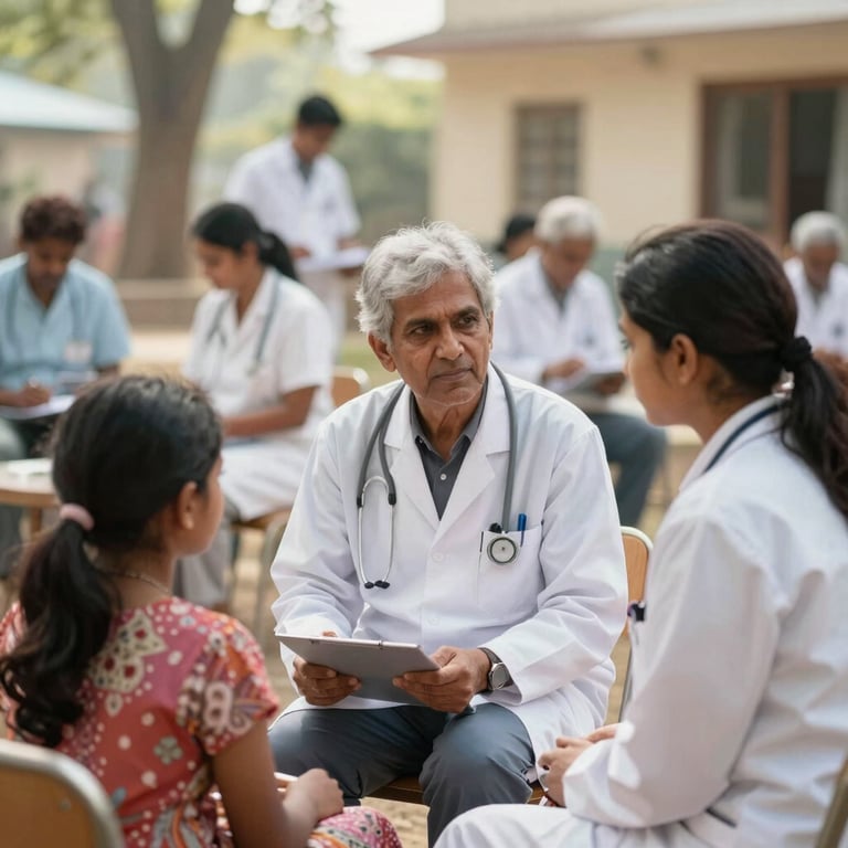 A brightly lit outdoor health camp with several South Asian families receiving consultation and support.