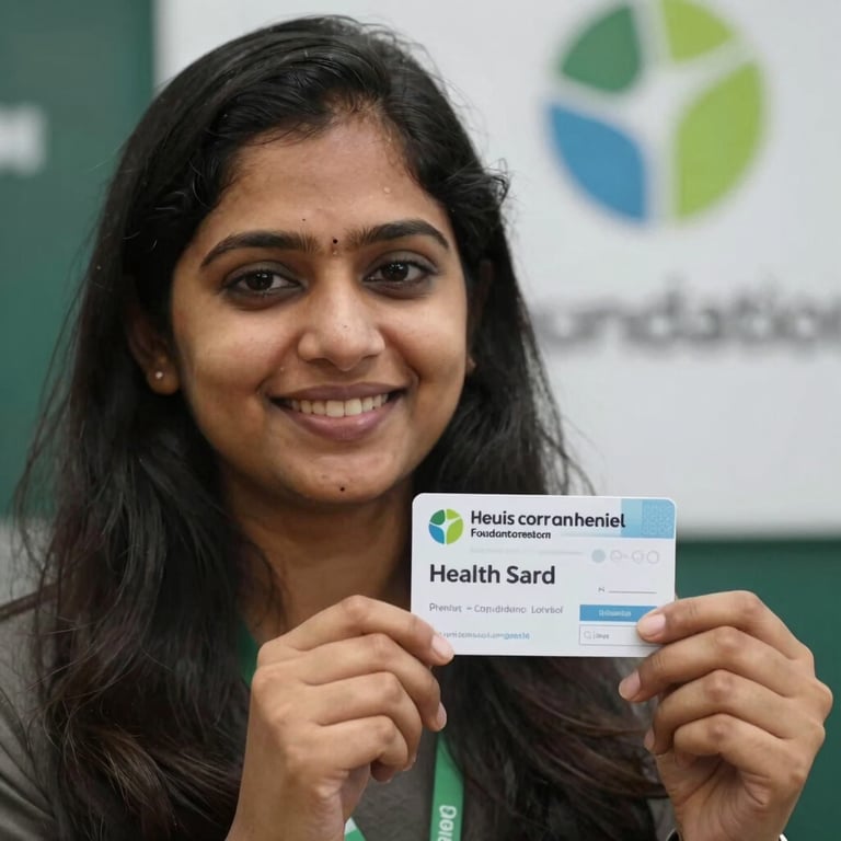 A close-up of a South Asian woman smiling as she holds her new health card at a foundation event.