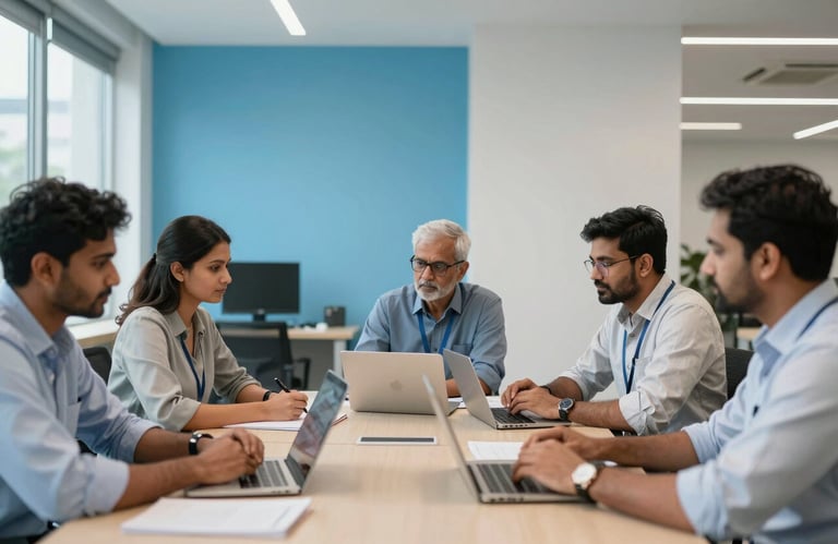 A group of South Asian / Indian professionals engaged in a training workshop in a modern, Pearl White office space with Sky Blue decor.