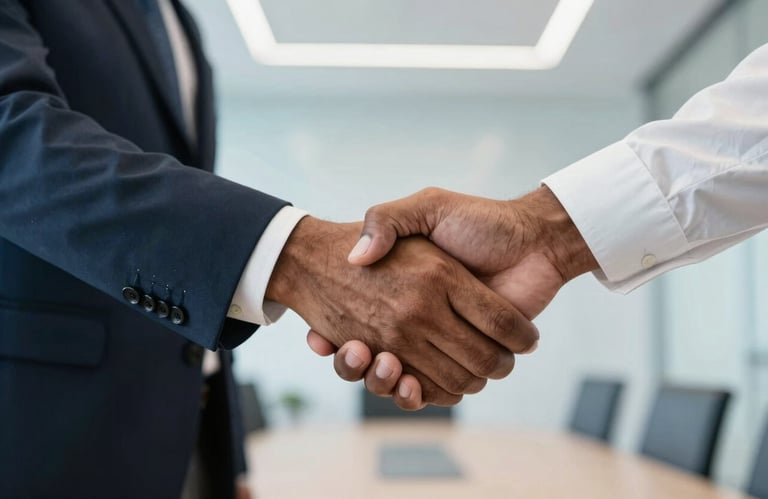 A close-up of a professional handshake between two South Asian / Indian business partners in a bright, modern corporate boardroom with Sky Blue accents.