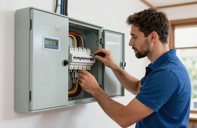 A professional electrician in a Southern European / Spanish home checking a modern electrical panel with slate blue components, ensuring safety and precision.