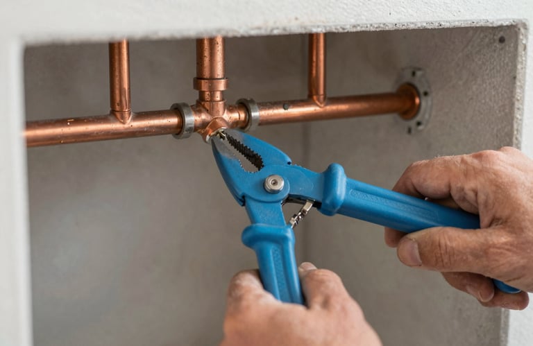 A close-up of a professional plumber working on copper pipes in a Southern European / Spanish residential project, focusing on the craftsmanship and brand sky blue tools.