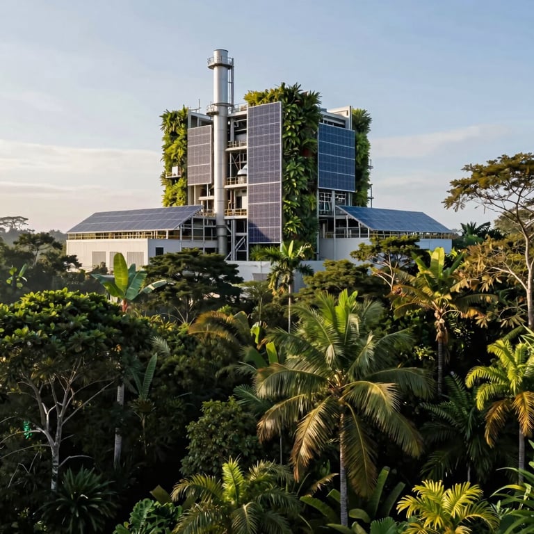Photography of a dense tropical forest edge merging seamlessly with a high-tech industrial facility featuring solar panels and vertical gardens. Clean morning light, high contrast, professional architectural photography style in Latin America. No people visible.