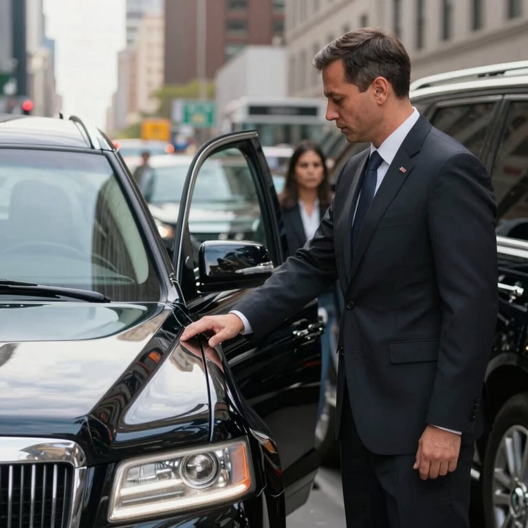 A bodyguard in a dark suit holding open the door of a black luxury vehicle for a client in a busy North American financial district, sharp focus.